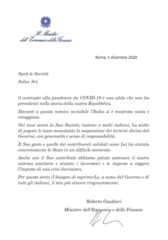 lettera-ringraziamenti-a-SOLTEC-SRL-dal-Ministro-Roberto-Gualtieri